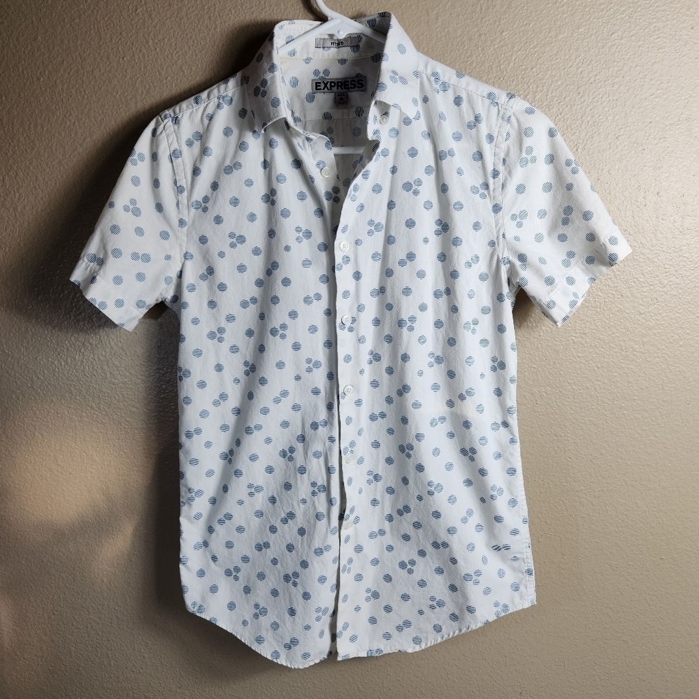 Express Womens |XS| White/Navy Polka Dot Fitted Short Sleeve Buttonfront Shirt